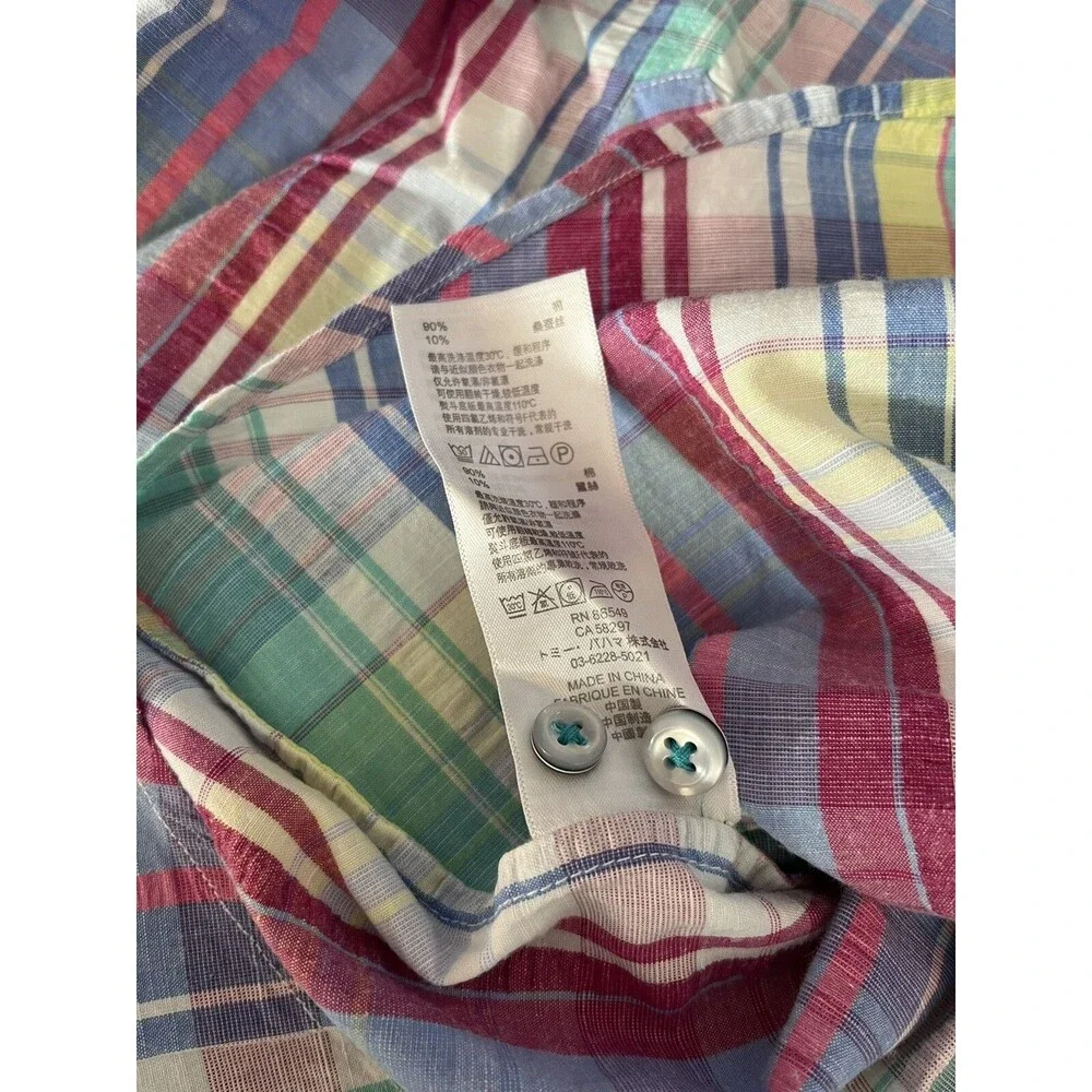 TOMMY BAHAMA Madras Plaid Multicolor Cotton Silk Shirt Pocket Men’s Size Large - Picture 7 of 11